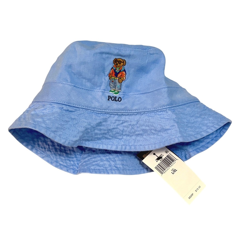 Polo Ralph Lauren Bucket Hat Mens L/XL Blue Linen Polo Bear Embroidered Beach
